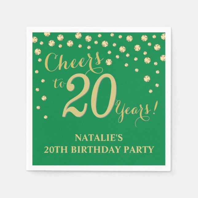 20th Birthday Party Green and Gold Diamond Napkin (Front)