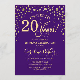 20th Birthday Party Invitation - Gold Purple