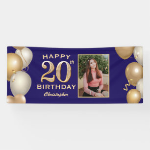 20th Birthday Party Navy Blue and Gold Balloons Banner