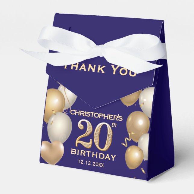20th Birthday Party Navy Blue and Gold Balloons Favour Box (Front Side)