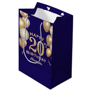 20th Birthday Party Navy Blue and Gold Balloons Medium Gift Bag