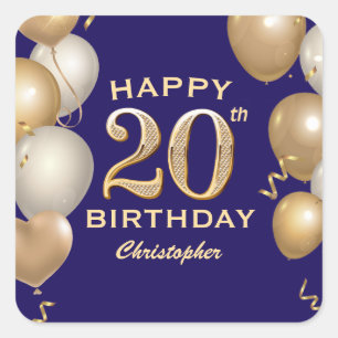 20th Birthday Party Navy Blue and Gold Balloons Square Sticker