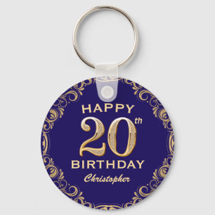 20th Birthday Party Navy Blue and Gold Glitter Key Ring