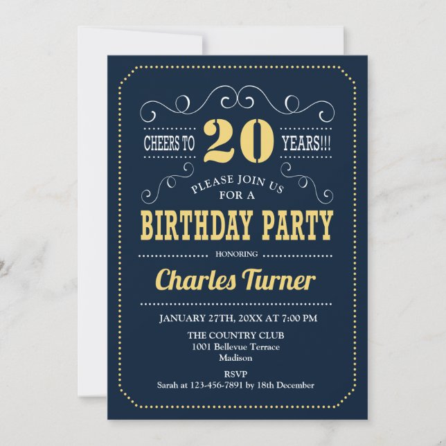 20th Birthday Party - Navy Gold Invitation (Front)