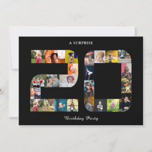20th Birthday Party Photo Collage Black White Invitation