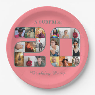 20th Birthday Party Photo Collage Blush Pink Paper Plate