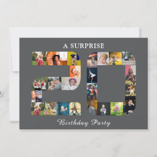 20th Birthday Party Photo Collage Modern Grey Invitation