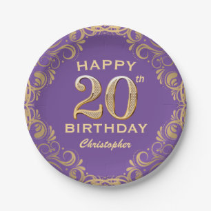 20th Birthday Party Purple and Gold Glitter Frame Paper Plate