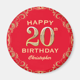 20th Birthday Party Red and Gold Glitter Frame Magnet