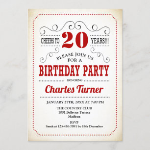 20th Birthday Party - Retro Creamy White and Red Invitation