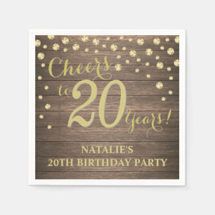 20th Birthday Party Rustic Wood and Gold Diamond Napkin
