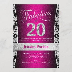 20th Birthday Party - Silver Pink Black Invitation