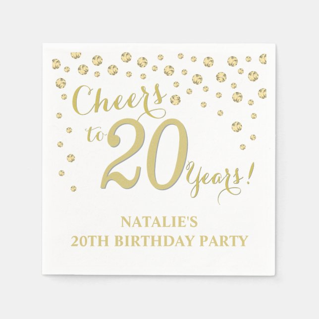 20th Birthday Party White and Gold Diamond Napkin (Front)