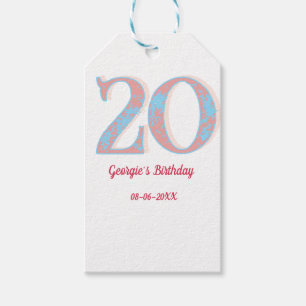 20TH BIRTHDAY PEACH BLUE BOLD RETRO NAME STYLISH GIFT TAGS