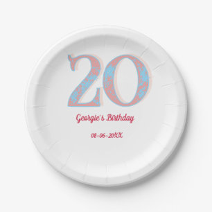 20TH BIRTHDAY PEACH BLUE BOLD RETRO NAME STYLISH PAPER PLATE