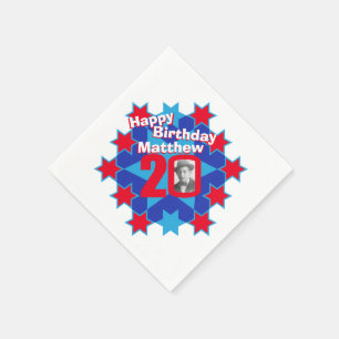 20th birthday photo and name red star napkins