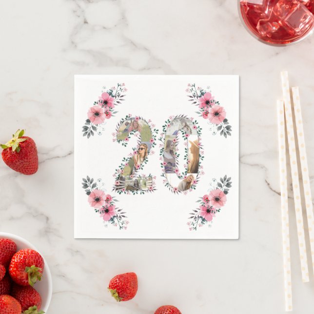 20th Birthday Photo Collage Girl Pink Flower White Napkin (Insitu)