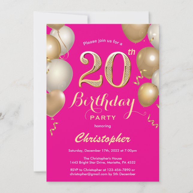 20th Birthday Pink and Hot Pink Balloons Confetti Invitation (Front)