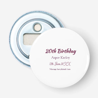 20th birthday pink purple name date message simple bottle opener