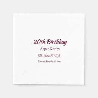 20th birthday pink purple name date message simple napkin