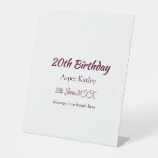 20th birthday pink purple name date message simple pedestal sign