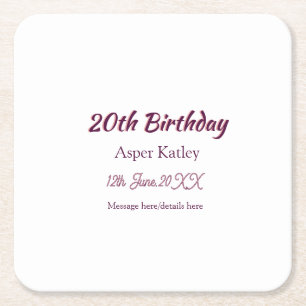 20th birthday pink purple name date message simple square paper coaster