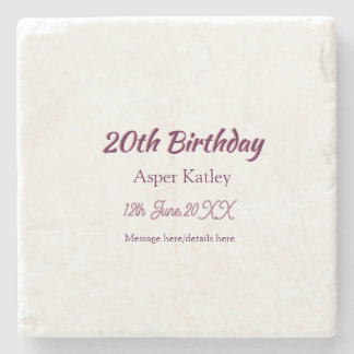 20th birthday pink purple name date message simple stone coaster