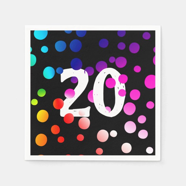 20th Birthday Rainbow Dots on Black Napkin (Front)