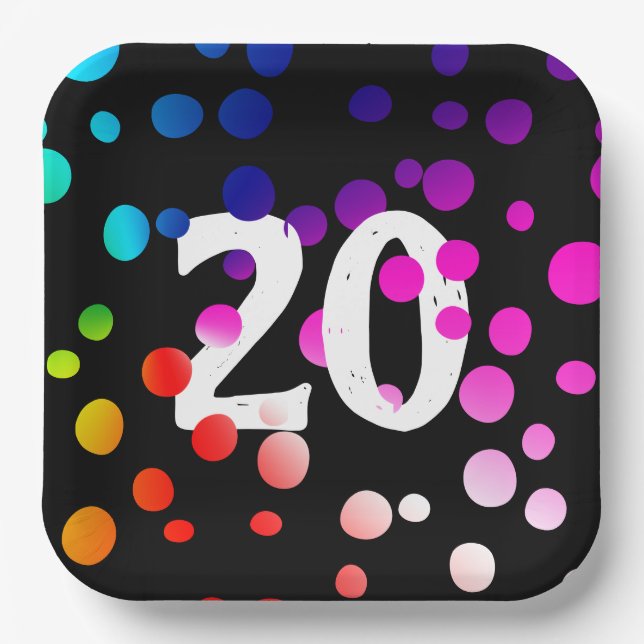 20th Birthday Rainbow Dots on Black  Paper Plates (Front)