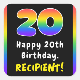 20th Birthday: Rainbow Spectrum # 20, Custom Name Square Sticker