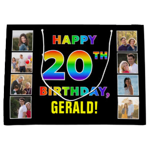 20th Birthday: Rainbow Text, Custom Photos & Name Large Gift Bag