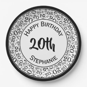 20th Birthday Random Number Pattern 20 Black/White Paper Plate