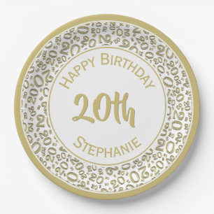 20th Birthday Random Number Pattern 20 Gold/White Paper Plate