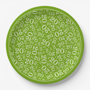20th Birthday Random Number Pattern 20 Green/White Paper Plate