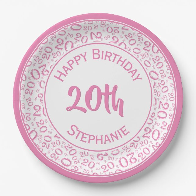 20th Birthday Random Number Pattern 20 Pink/White Paper Plate (Front)