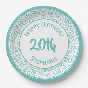20th Birthday Random Number Pattern 20 Teal/White Paper Plate