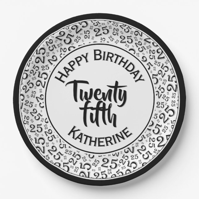 20th Birthday Random Number Pattern 25 Black/White Paper Plate (Front)