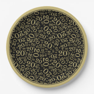 20th Birthday Random Number Pattern Black/Gold 20 Paper Plate