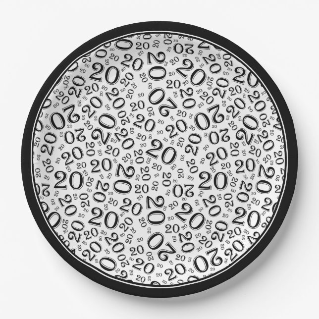 20th Birthday Random Number Pattern Black/White 20 Paper Plate (Front)