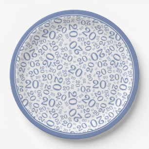 20th Birthday Random Number Pattern Blue/White 20 Paper Plate