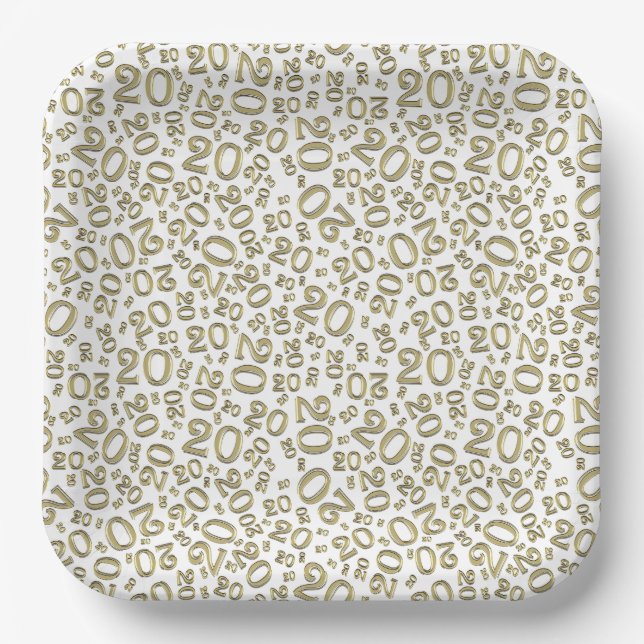 20th Birthday Random Number Pattern Gold/White 20 Paper Plate (Front)