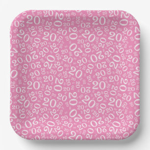 20th Birthday Random Number Pattern Pink/White 20 Paper Plate