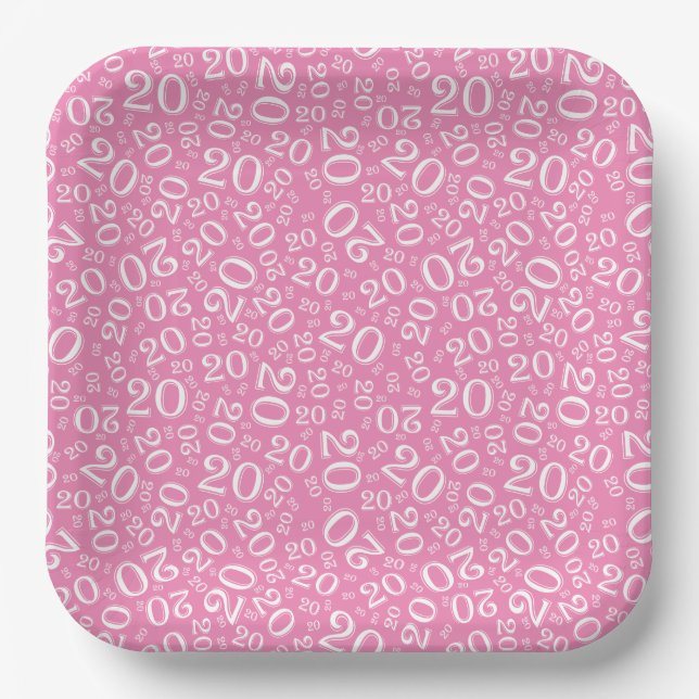 20th Birthday Random Number Pattern Pink/White 20 Paper Plate (Front)