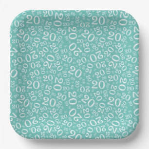 20th Birthday Random Number Pattern Teal/White 20 Paper Plate