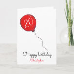 20th Birthday red balloon Card<br><div class="desc">20th birthday red balloon personalized greeting card for him. Perfect for relatives such as parents, sisters or grandparents to give to a son, brother or grandson who is turning twenty. The name shown and age can all be customized as desired. The inside message reads, "Happy 20th birthday" and can also...</div>