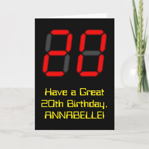 20th Birthday: Red Digital Clock Style "20" + Name Card