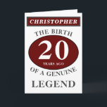 20th Birthday Red Genuine Legend Add Your Name Card<br><div class="desc">Fun 20th "Birth Of A Legend" birthday red, grey and white card. Add the year, change "Legend" to suit your needs. Add the name and a unique message in the card. All easily done using the template provided. You can also change the age to make any age you want eg...</div>