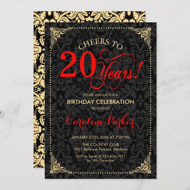 20th Birthday - Red Gold Black Damask Invitation (Front/Back)