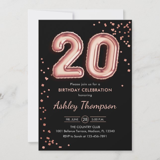 20th Birthday - Rose Gold Balloons Black Invitation (Front)