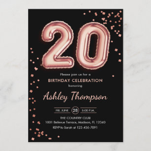 20th Birthday - Rose Gold Balloons Black Invitation